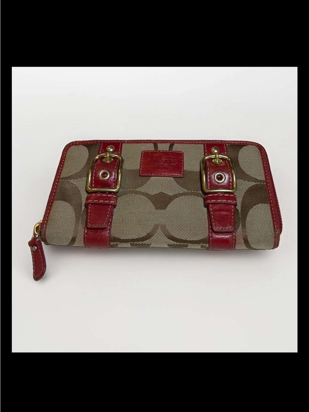 Coach Wallet Zoe, Brown/Beige Monogram, Red Leather Trim,Dual Brass Buckles 2007